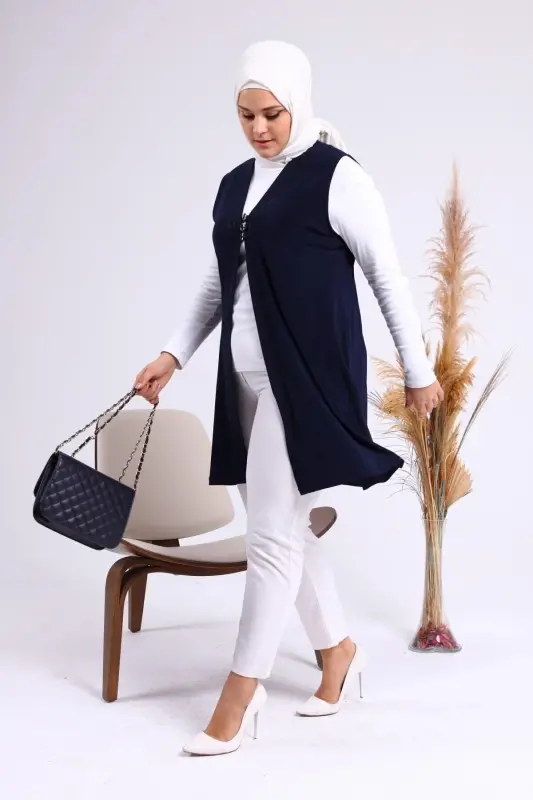 Women's Modest Lycra Buttoned Long Mother Vest Navy Blue-Navy Blue - 6
