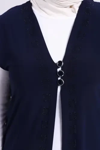 Women's Modest Lycra Buttoned Long Mother Vest Navy Blue-Navy Blue - 4