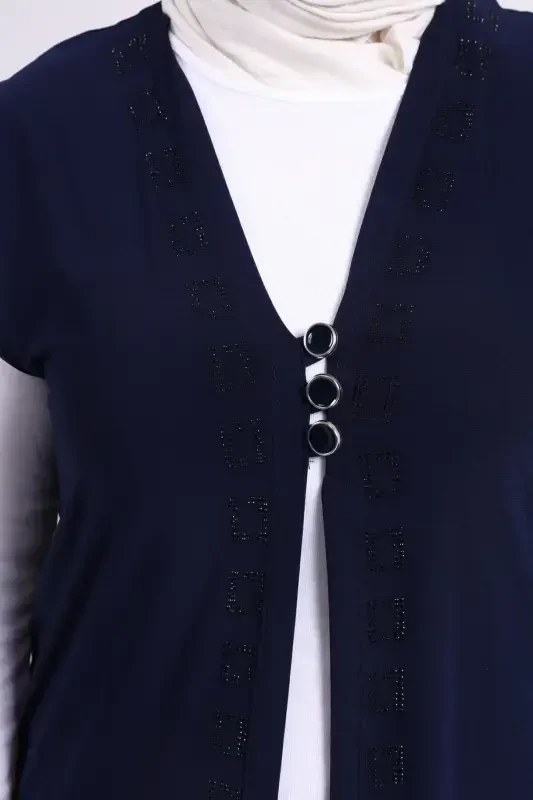 Women's Modest Lycra Buttoned Long Mother Vest Navy Blue-Navy Blue - 4