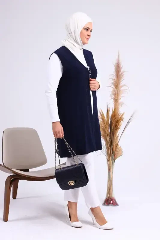 Women's Modest Lycra Buttoned Long Mother Vest Navy Blue-Navy Blue - 5