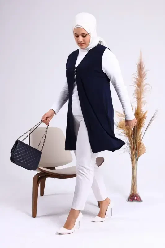 Women's Modest Lycra Buttoned Long Mother Vest Navy Blue-Navy Blue - 6