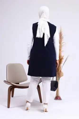 Women's Modest Lycra Buttoned Long Mother Vest Navy Blue-Navy Blue - 7