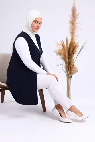 Women's Modest Lycra Buttoned Long Mother Vest Navy Blue-Navy Blue - 8
