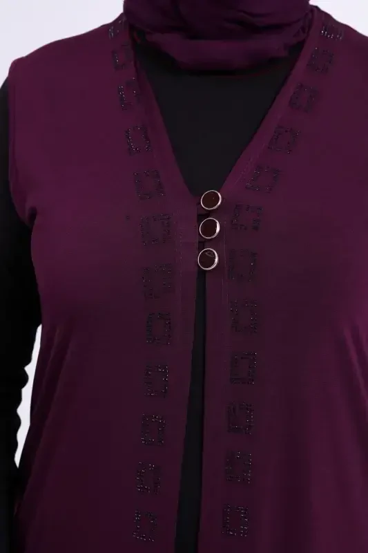 Women's Modest Lycra Buttoned Long Mother Vest Plum-Plum - 3