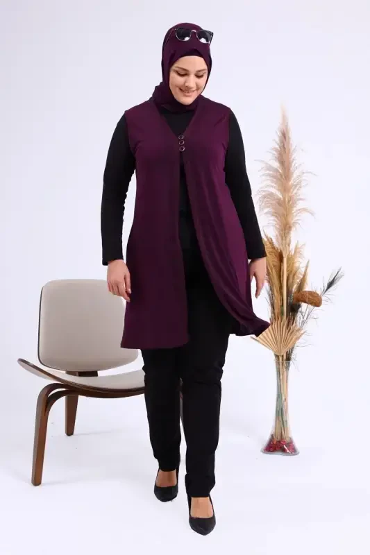 Women's Modest Lycra Buttoned Long Mother Vest Plum-Plum - 5