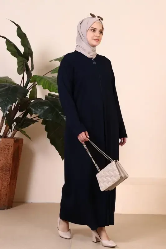 Women's Modest One Piece Zippered Prayer Dress Navy Blue-Navy Blue - 5