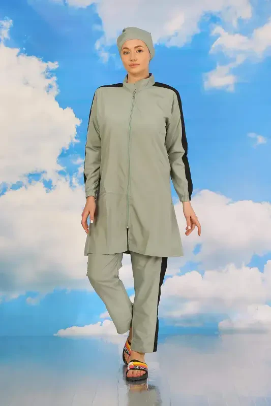 Women's Modest Swimsuit with Pants and Sleeve Straps in Turquoise 31065 - 6