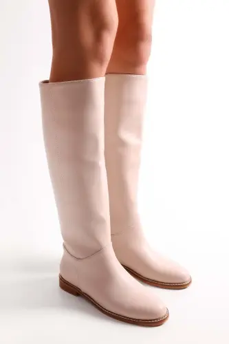 Women's Mori Beige Leather Biker Boot Beige Leather-Beige - 1