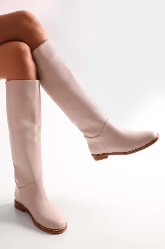 Women's Mori Beige Leather Biker Boot Beige Leather-Beige - 3