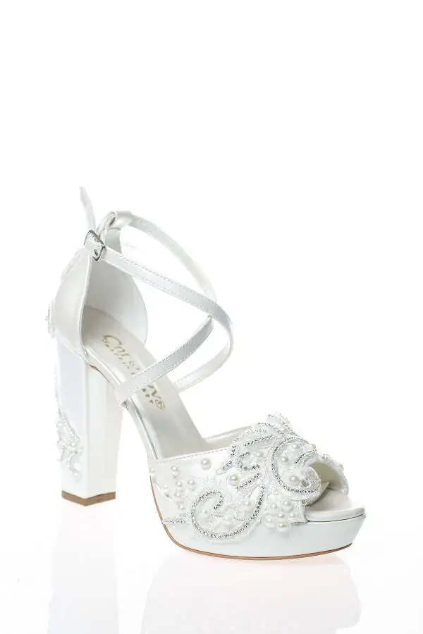 Women's Mother-of-Pearl Bridal Shoes with Pearl Embellishments - 3