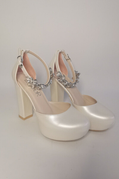 Women's Mother-of-Pearl Broken White 12 Cm Stone Platform Heel Evening Bridal Shoes - 2