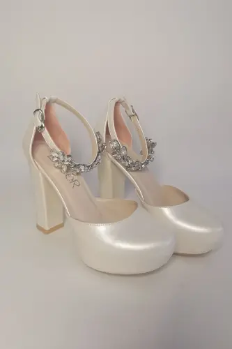 Women's Mother-of-Pearl Broken White 12 Cm Stone Platform Heel Evening Bridal Shoes - 3