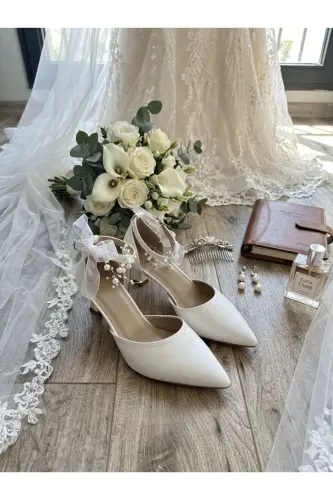 Women's Mother-of-Pearl Broken White Comfortable 5 Cm Stiletto Wedding Shoes with Pearls - 4