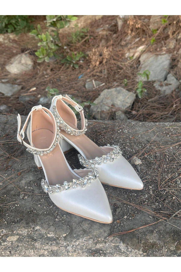 Women's Mother-of-Pearl Broken White Comfortable 5 cm Thick Heeled Stone-Embellished Evening Bridal Party Prom Shoes - 3