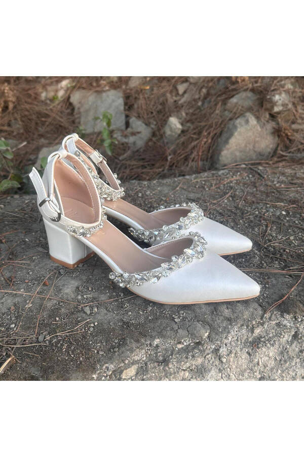 Women's Mother-of-Pearl Broken White Comfortable 5 cm Thick Heeled Stone-Embellished Evening Bridal Party Prom Shoes - 4