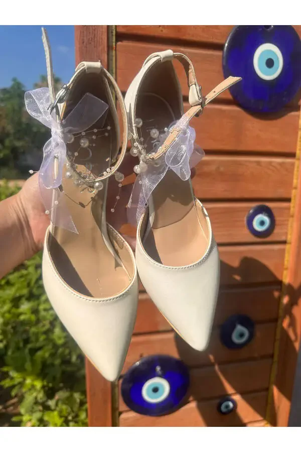 Women's Mother-of-Pearl Broken White Comfortable 7 Cm Stiletto Wedding Shoes with Pearls - 4