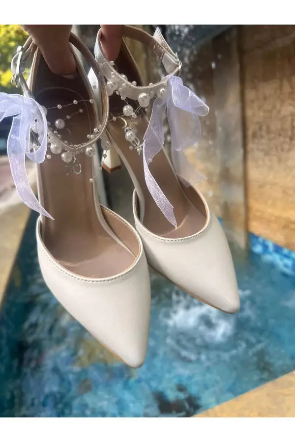 Women's Mother-of-Pearl Broken White Comfortable 7 Cm Stiletto Wedding Shoes with Pearls - 5