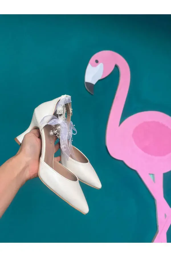 Women's Mother-of-Pearl Broken White Comfortable 7 Cm Stiletto Wedding Shoes with Pearls - 6