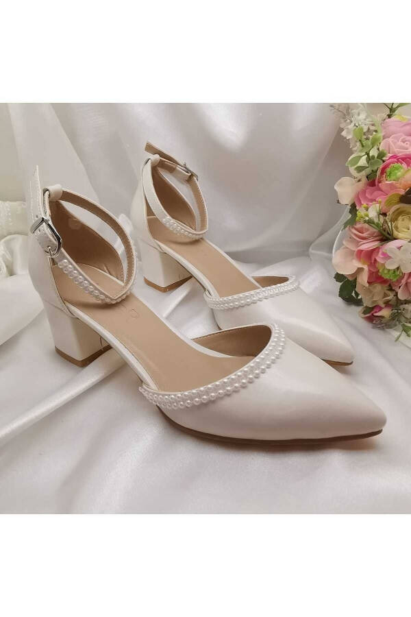 Women's Mother-of-Pearl Broken White Pearl Embellished 5 Cm Thick Heeled Comfortable Dress Bridal Shoes - 4