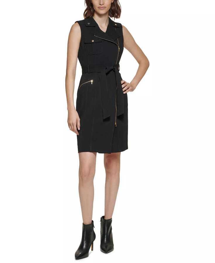 Women's Moto Belted Sleeveless Sheath Dress Black - 1