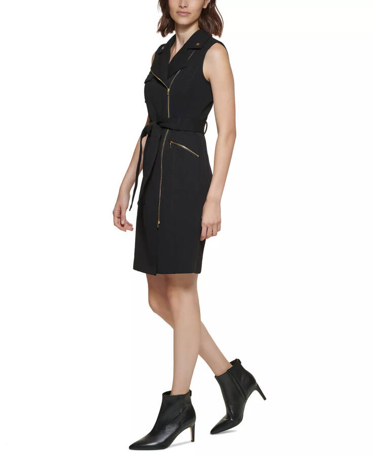 Women's Moto Belted Sleeveless Sheath Dress Black - 3