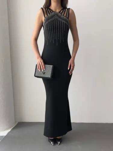 Women's Multi Shoulder Strap Front Stone Embroidered Fishtail Cut Janjan Crepe Maxi Length Dress - 6