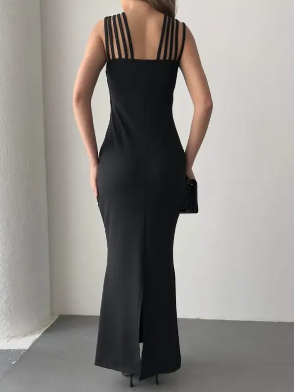 Women's Multi Shoulder Strap Front Stone Embroidered Fishtail Cut Janjan Crepe Maxi Length Dress - 7