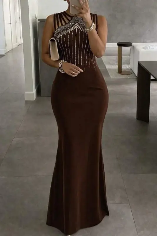 Women's Multi-Strap Front Stone Embellished Mermaid Cut Shimmer Crepe Maxi Dress - 1