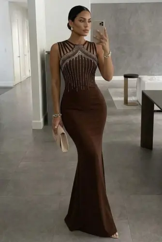 Women's Multi-Strap Front Stone Embellished Mermaid Cut Shimmer Crepe Maxi Dress - BÜYÜKBEDENIZ (1)