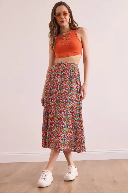 Women's Multicolor Elastic Waist Patterned Long Skirt E - OLALOOK