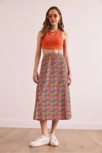 Women's Multicolor Elastic Waist Patterned Long Skirt E - 2