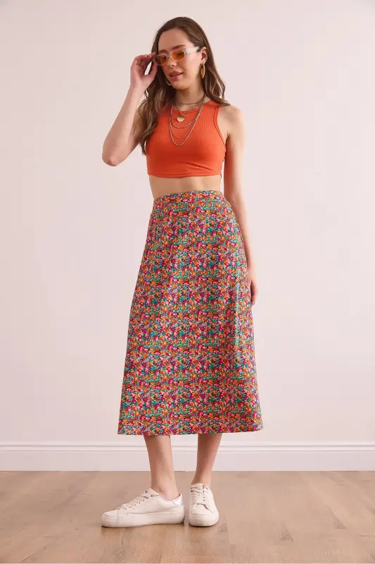 Women's Multicolor Elastic Waist Patterned Long Skirt E - 3