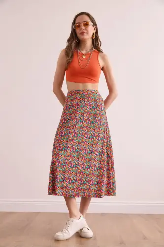 Women's Multicolor Elastic Waist Patterned Long Skirt E - 4