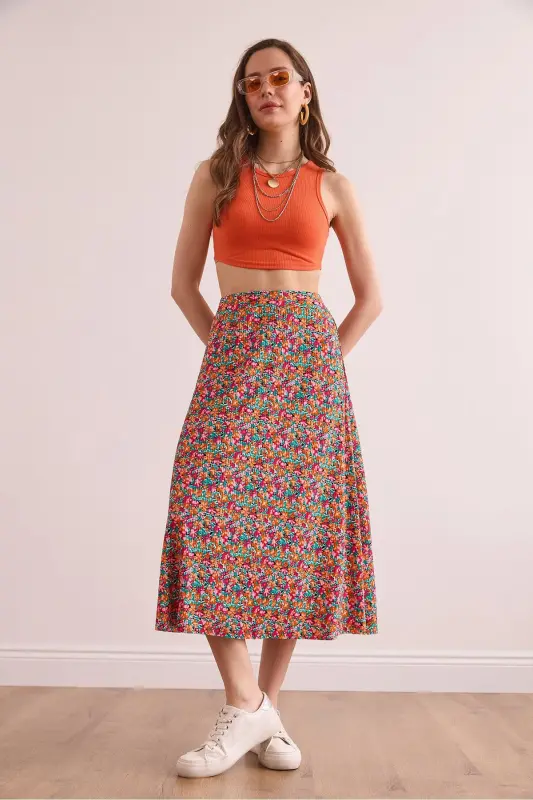 Women's Multicolor Elastic Waist Patterned Long Skirt E - 4