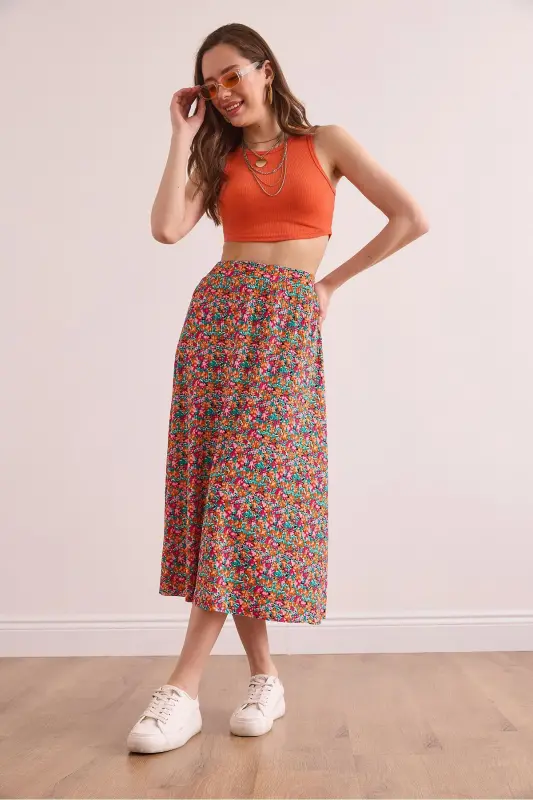 Women's Multicolor Elastic Waist Patterned Long Skirt E - 5