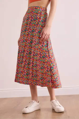 Women's Multicolor Elastic Waist Patterned Long Skirt E - 6