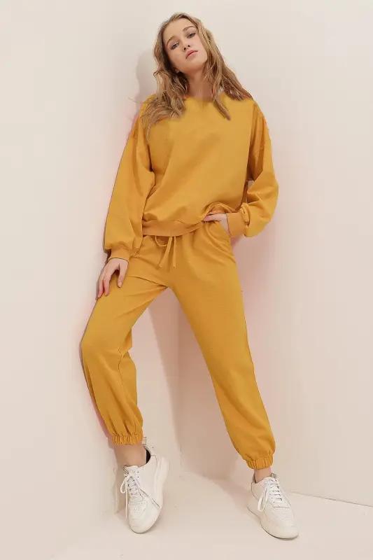 Women's Mustard Bicycle Collar Elastic Waist and Cuff Two-Thread Basic Tracksuit ALC-507-669-001 - 2