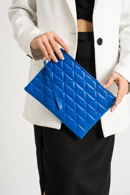 Women's Mustard Blue Patterned Portfolio Clutch Bag 25x19 Cm - DEFNELLA