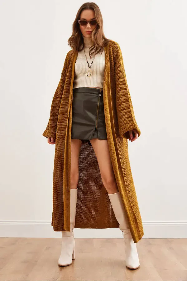 Women's Mustard Cuff Rolled Maxi Knit Cardigan HRK-19000297 - 1