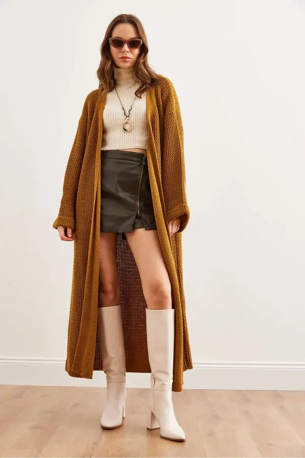 Women's Mustard Cuff Rolled Maxi Knit Cardigan HRK-19000297 - 2