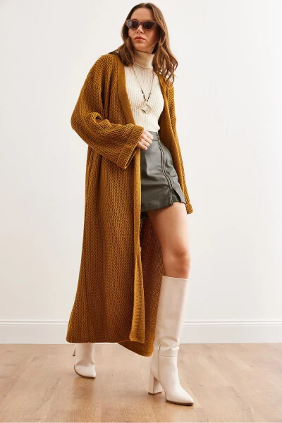 Women's Mustard Cuff Rolled Maxi Knit Cardigan HRK-19000297 - 3