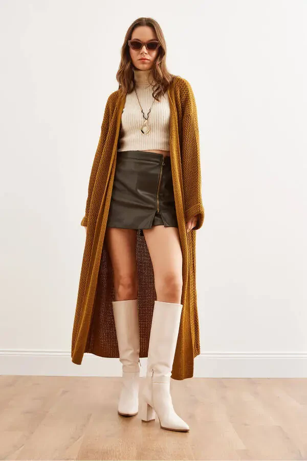 Women's Mustard Cuff Rolled Maxi Knit Cardigan HRK-19000297 - 4