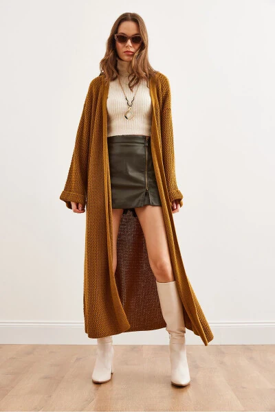 Women's Mustard Cuff Rolled Maxi Knit Cardigan HRK-19000297 - 5