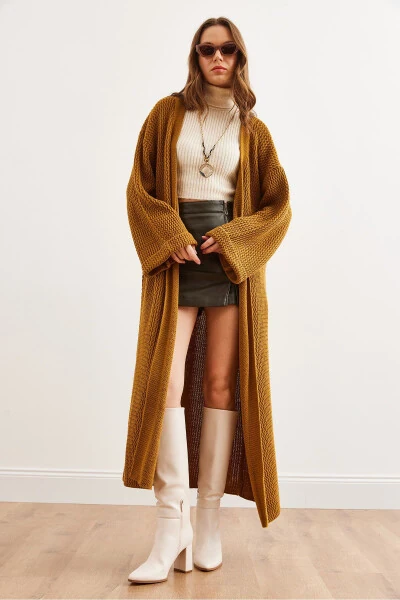 Women's Mustard Cuff Rolled Maxi Knit Cardigan HRK-19000297 - 6