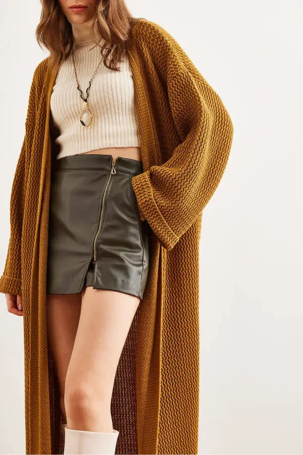 Women's Mustard Cuff Rolled Maxi Knit Cardigan HRK-19000297 - 7