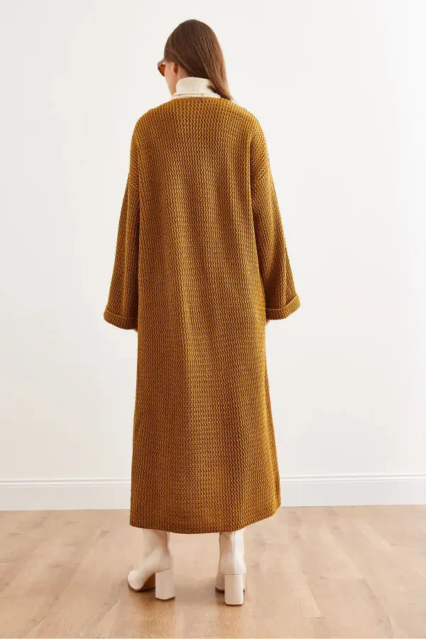 Women's Mustard Cuff Rolled Maxi Knit Cardigan HRK-19000297 - 8