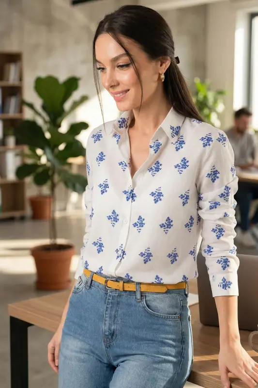 Women's Mustard Floral Long Sleeve Shirt ARM-22K001110 - ARMONIKA