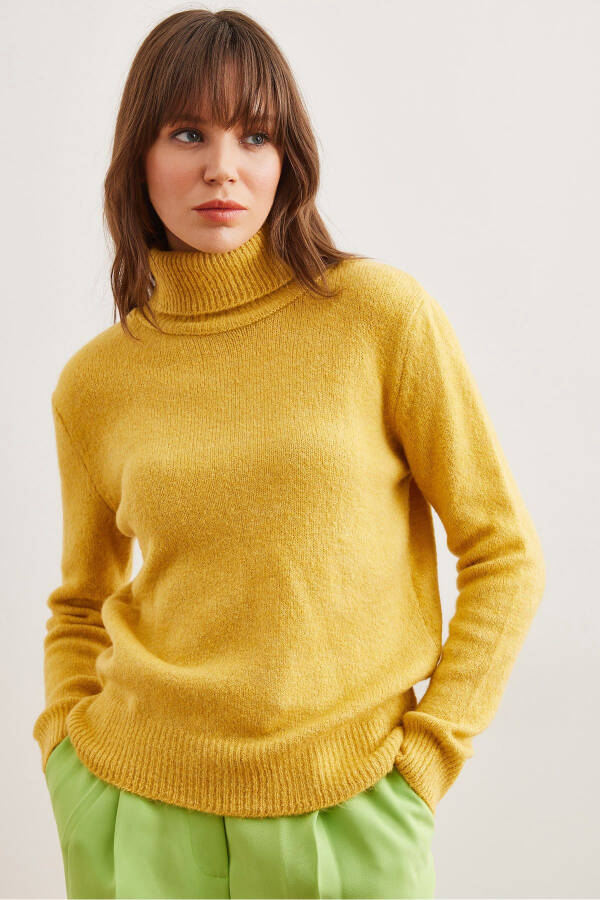 Women's Mustard Funnel Neck Soft Texture Knitted Sweater KZK-19000905 - 2