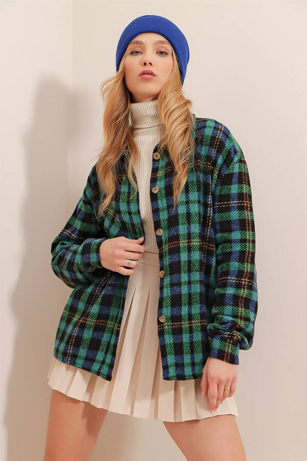 Women's Mustard Green Plaid Single Pocket Oversized Flannel Shirt ALC-X7264 - 3