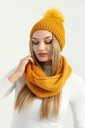 Women's Mustard Knitted Beanie with Pom Pom and Knitted Neck Warmer Set-Mustard - 1